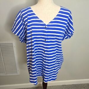 Old Navy Blue and White Striped Button Front V-Neck Top XL